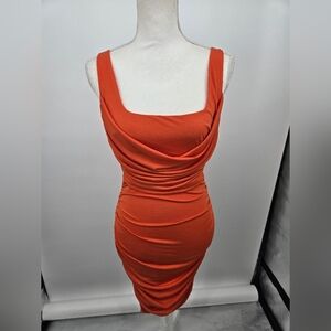 Selfie Leslie Orange Ruched Cowl Neck Mini Dress Medium (6255)